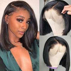 Amoy Virgin Hair 13*4 Bob Lace Short Straight Human Natural Black Remy Hair Wigs