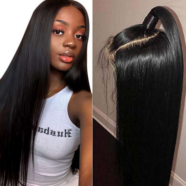 Amoy Virgin Hair 4*4 Natural Black Hairline Straight Human Hair Lace Front Wigs