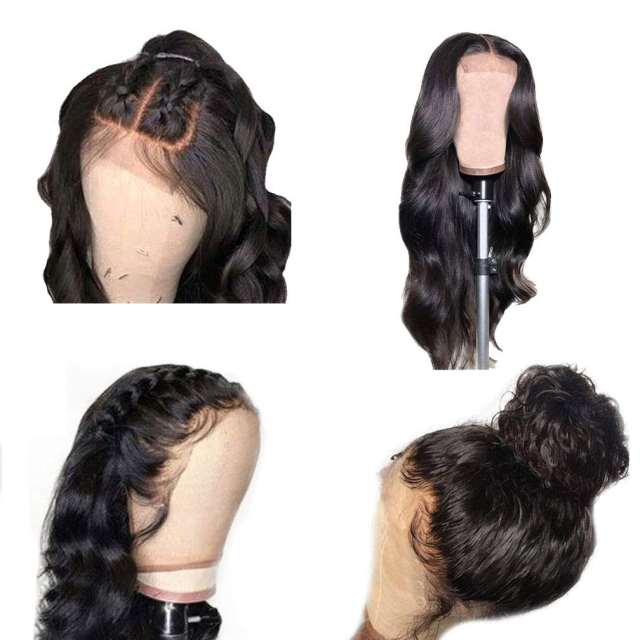 Amoy Virgin Hair 4*4 Natural Black Hairline Body Wave Human Hair Lace Front Wigs