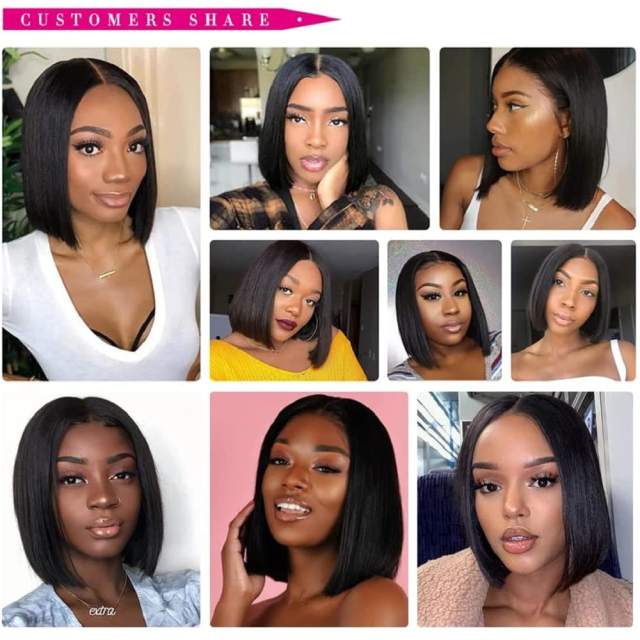 Amoy Virgin Hair T Part 100% Human Natural Black Remy Hair Bob Lace Short Straight Wigs