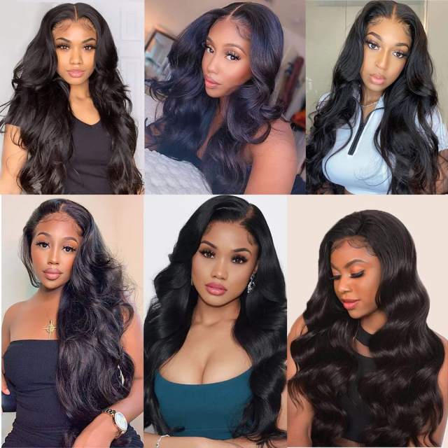 Amoy Virgin Hair T Part Natural Black Hairline body wave Human Hair Lace Wigs