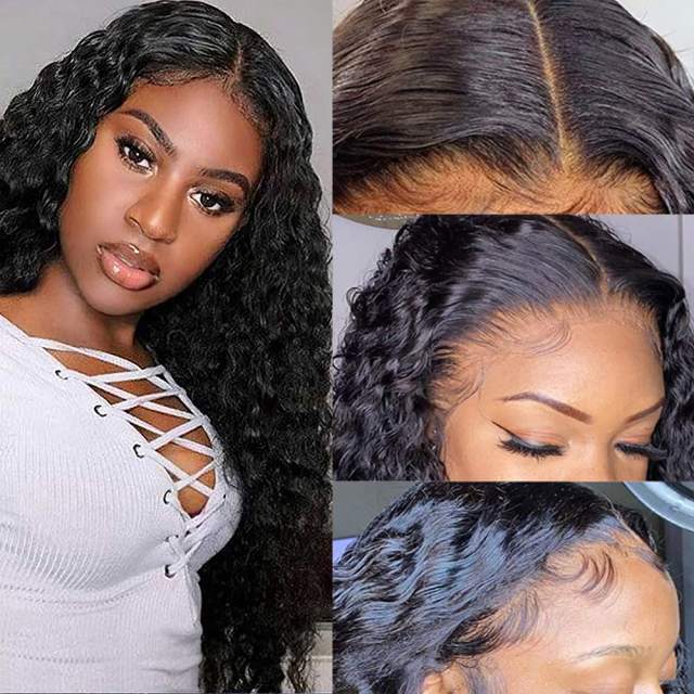 Amoy Virgin Hair T part Part Natural Black Hairline Water Wave Human Hair Lace Wigs