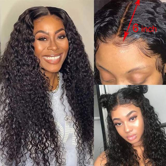 Amoy Virgin Hair T part Part Natural Black Hairline Water Wave Human Hair Lace Wigs