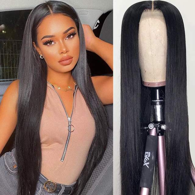 Amoy Virgin Hair T Part Natural Black Hairline Straight Human Hair Lace Wigs