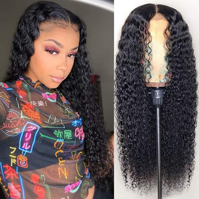 Amoy Virgin Hair 4*4 Natural Black Hairline Kinky Curly Human Hair Lace Front Wigs