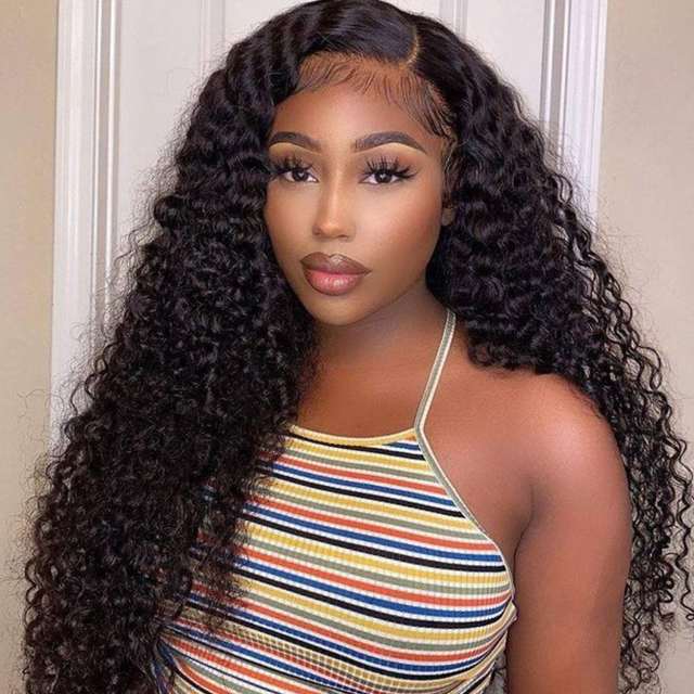 Amoy Virgin Hair 4*4 Natural Black Hairline Water Wave Human Hair Lace Front Wigs