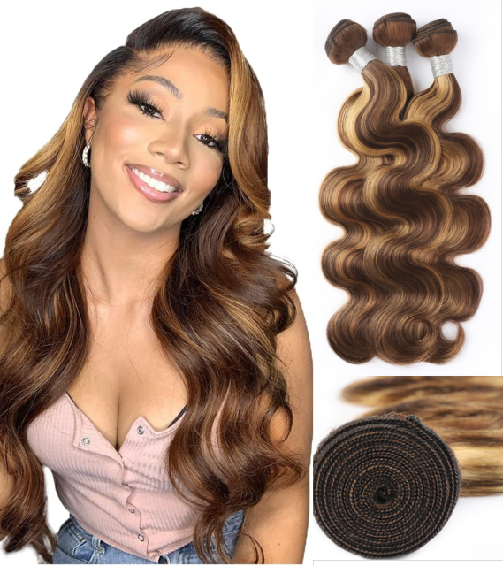 Amoy Virgin Hair 3pcs Remy P4/27-Highlight Honey Blond Body Wave Hair Bundles