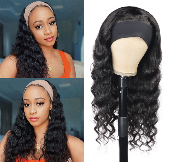 Amoy Virgin Hair Loose Deep Human Hair Headband Wigs--NO GEL NO SEW IN For beginners, buy one get one free headband