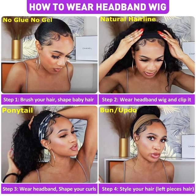 Amoy Virgin Hair Deep wave Human Hair Headband Wigs--NO GEL NO SEW IN For beginners, buy one get one free headband
