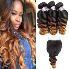 Amoy Virgin Hair 3pcs Remy Ombre T4 Ombre 3tone Loose Wave Hair Bundles