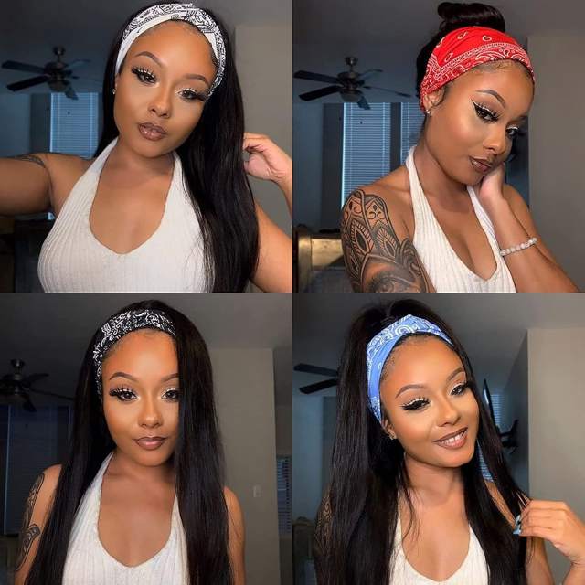 Amoy Virgin Hair Straight Human Hair Headband Wigs--NO GEL NO SEW IN For beginners, buy one get one free headband