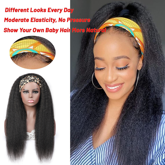 Amoy Virgin Hair Yaki Straight Human Hair Headband Wigs--NO GEL NO SEW IN For beginners, buy one get one free headband