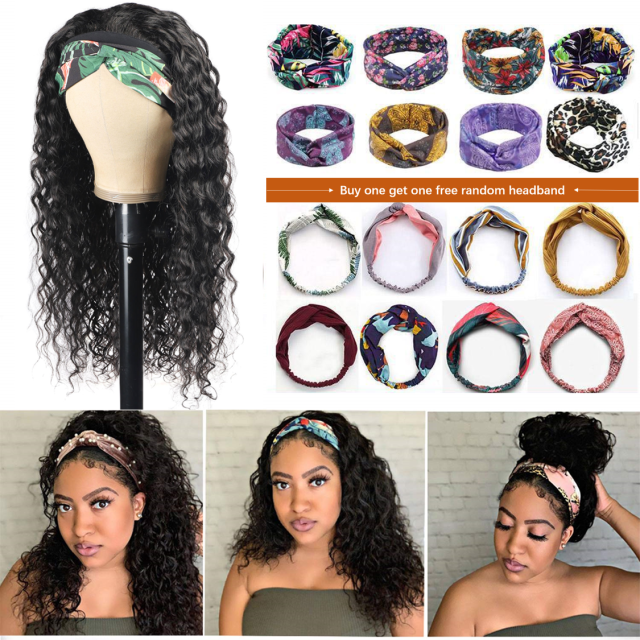 Amoy Virgin Hair Water wave Human Hair Headband Wigs--NO GEL NO SEW IN For beginners, buy one get one free headband