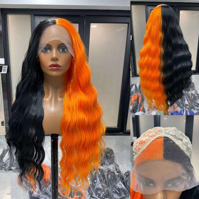 Lace Frontal Synthetic Half Black Half Orange Wigs for Costume Party ,150% Density 24 Inches|3x2.5-3 Lace Cap with Natural Hairline