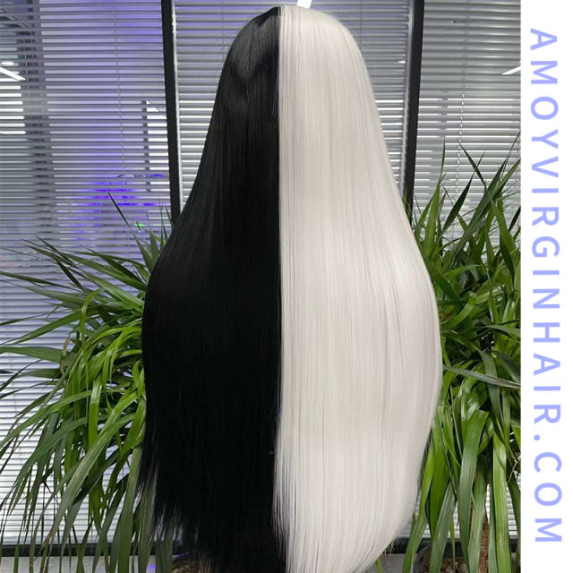 Lace Frontal Synthetic Half Black Half White Wigs Cruella De Vil Wigs for Costume Party ,150% Density 24 Inches|3x2.5-3 Lace Cap with Natural Hairline