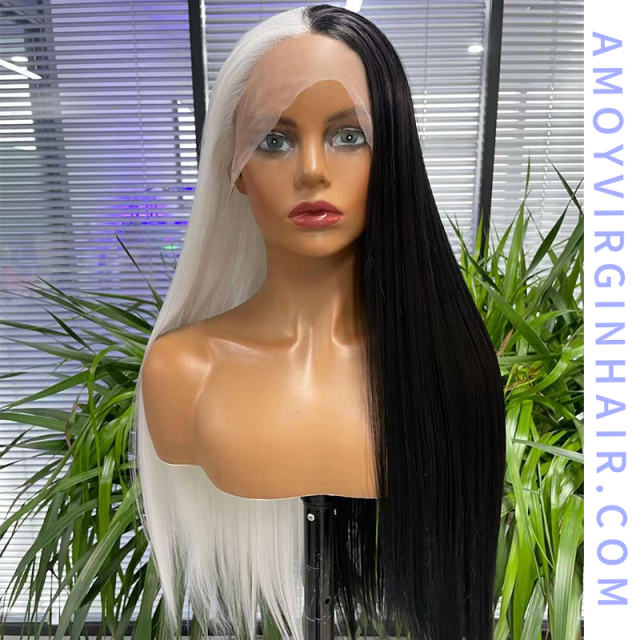 Lace Frontal Synthetic Half Black Half White Wigs Cruella De Vil Wigs for Costume Party ,150% Density 24 Inches|3x2.5-3 Lace Cap with Natural Hairline