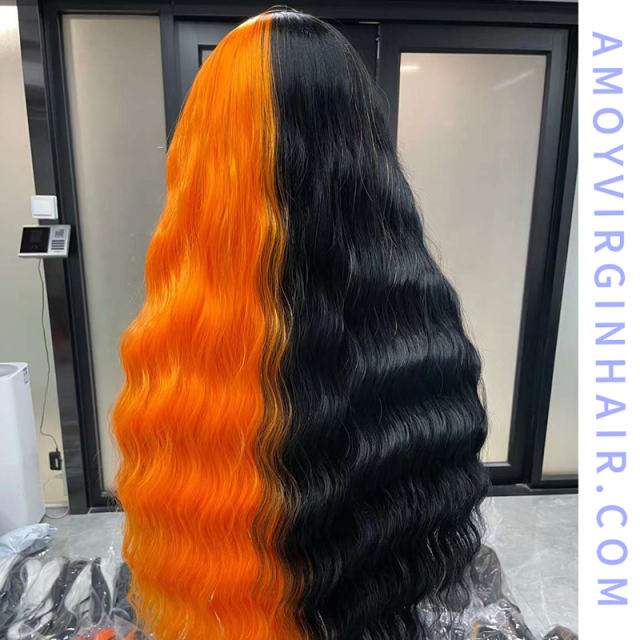 Lace Frontal Synthetic Half Black Half Orange Wigs for Costume Party ,150% Density 24 Inches|3x2.5-3 Lace Cap with Natural Hairline