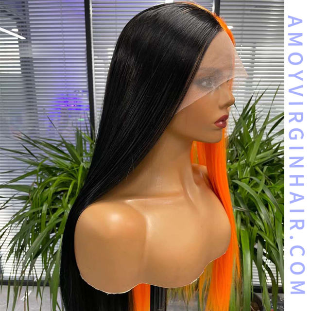 Lace Frontal Synthetic Half Black Half Orange Wigs for Costume Party ,150% Density 24 Inches|3x2.5-3 Lace Cap with Natural Hairline