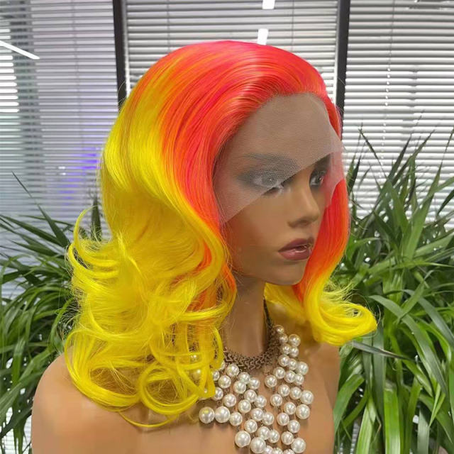 Lace Frontal Ombre Pink and Yellow Curly Bob Synthetic Wigs,150% Density|3x2.5-3 Lace Cap with Natural Hairline