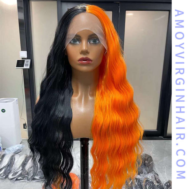 Lace Frontal Synthetic Half Black Half Orange Wigs for Costume Party ,150% Density 24 Inches|3x2.5-3 Lace Cap with Natural Hairline