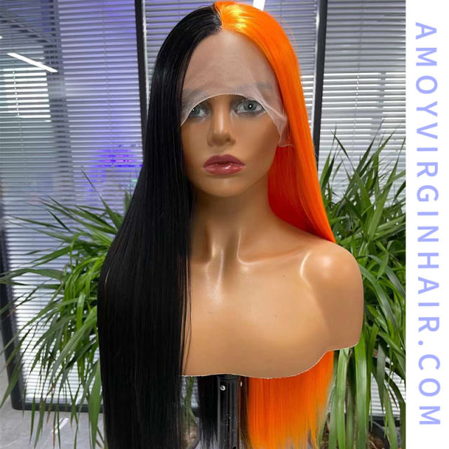 Lace Frontal Synthetic Half Black Half Orange Wigs for Costume Party ,150% Density 24 Inches|3x2.5-3 Lace Cap with Natural Hairline