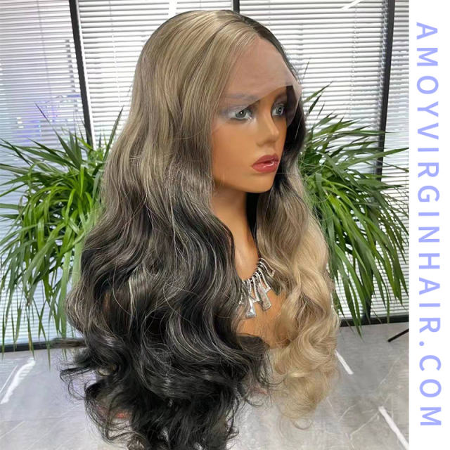 Lace Frontal Ombre Black and Grey Body Wave Synthetic Wigs,150% Density|24 Inches|3x2.5-3 Lace Cap with Natural Hairline|for Women all occasions