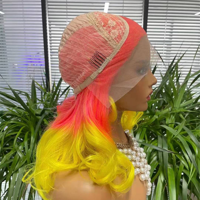 Lace Frontal Ombre Pink and Yellow Curly Bob Synthetic Wigs,150% Density|3x2.5-3 Lace Cap with Natural Hairline