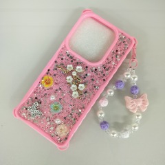 Candy Color Shockproof Silicone Case With Diamond Flower Bead Chain For Tecno POP8
