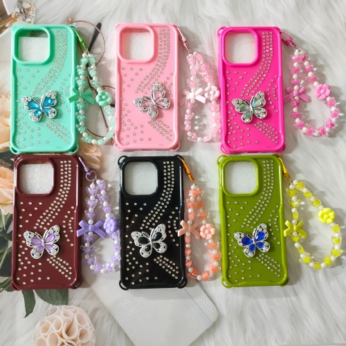 Candy Color Four Corner Shockproof Silicone Phone Case Bling Rhinestone Butterfly Floral Beaded Hand Strap Protective Cover For IP 16 PROMAX