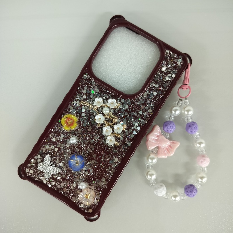 Candy Color Shockproof Silicone Case With Diamond Flower Bead Chain For Tecno POP8