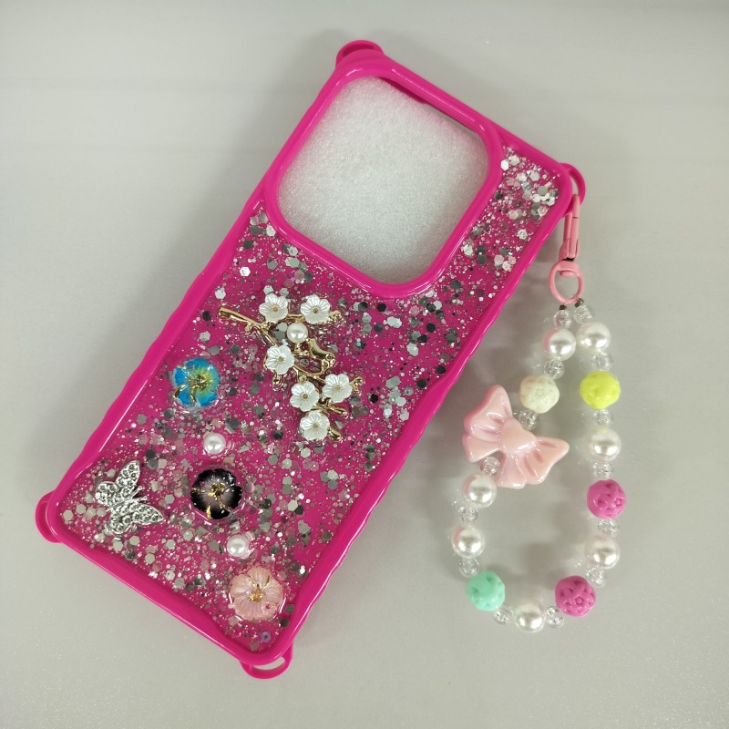 Candy Color Shockproof Silicone Case With Diamond Flower Bead Chain For Tecno POP8
