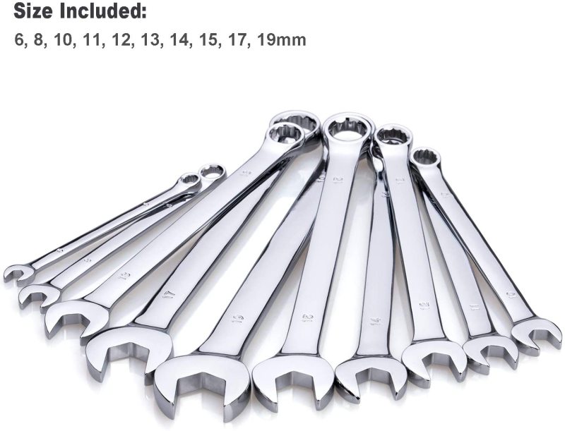 Combination wrench set includes metric size 6 8 10 11 12 13 14 15 17 19 with storage rack