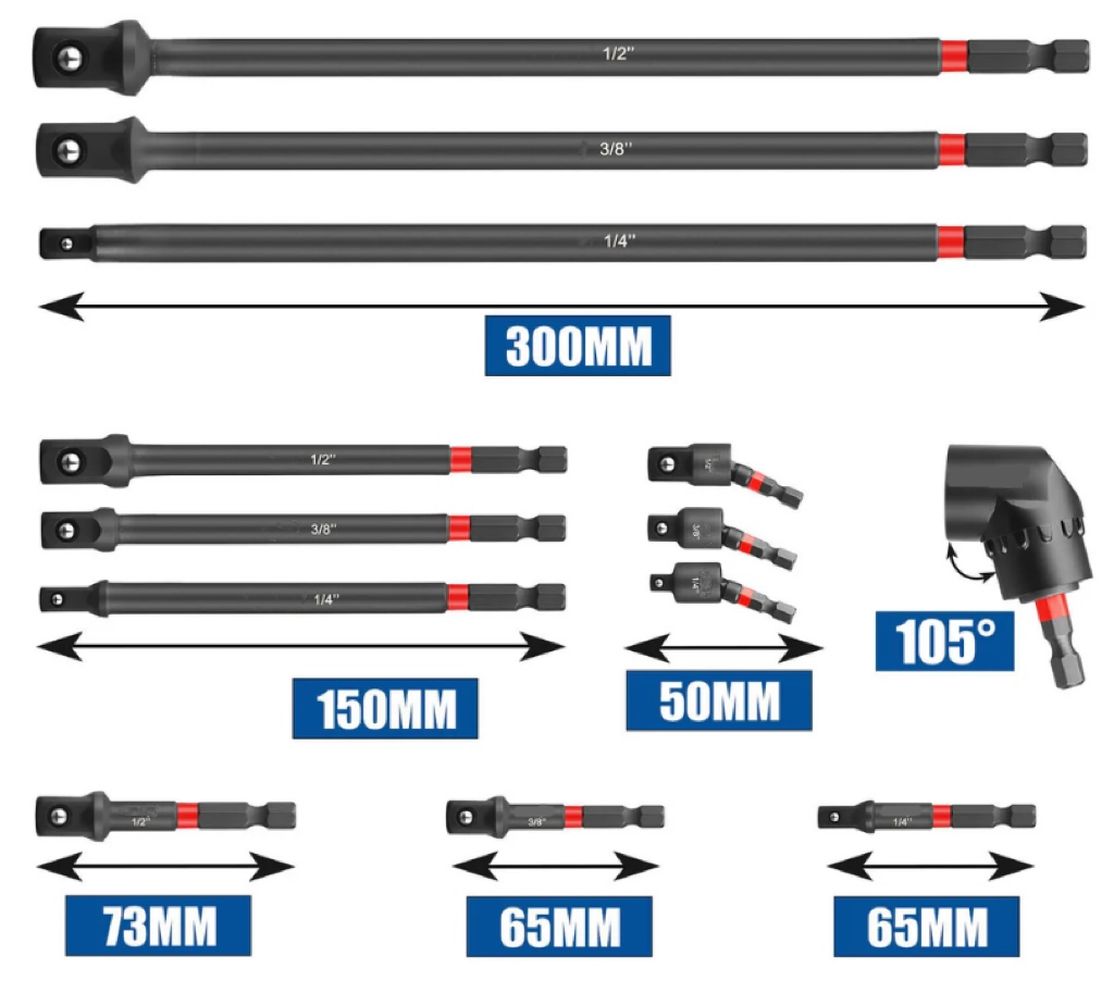 13-piece 1/4" Impact Socket Adapter Set