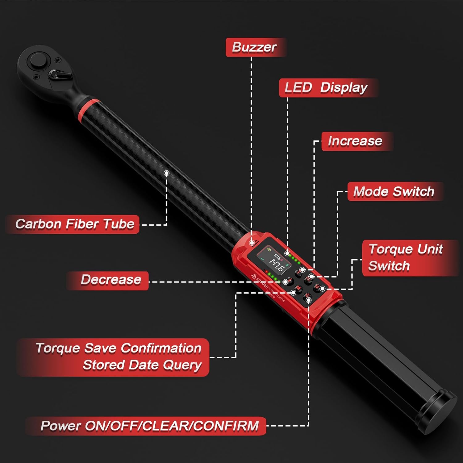 Carbon Fiber Tube Digital Torque Wrench 1/2" 3-200NM