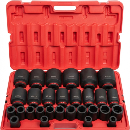 Professional 29-piece 3/4" drive metric deep impact socket set made from CR-MO steel, covering 19–65mm for heavy-duty automotive and industrial applications.