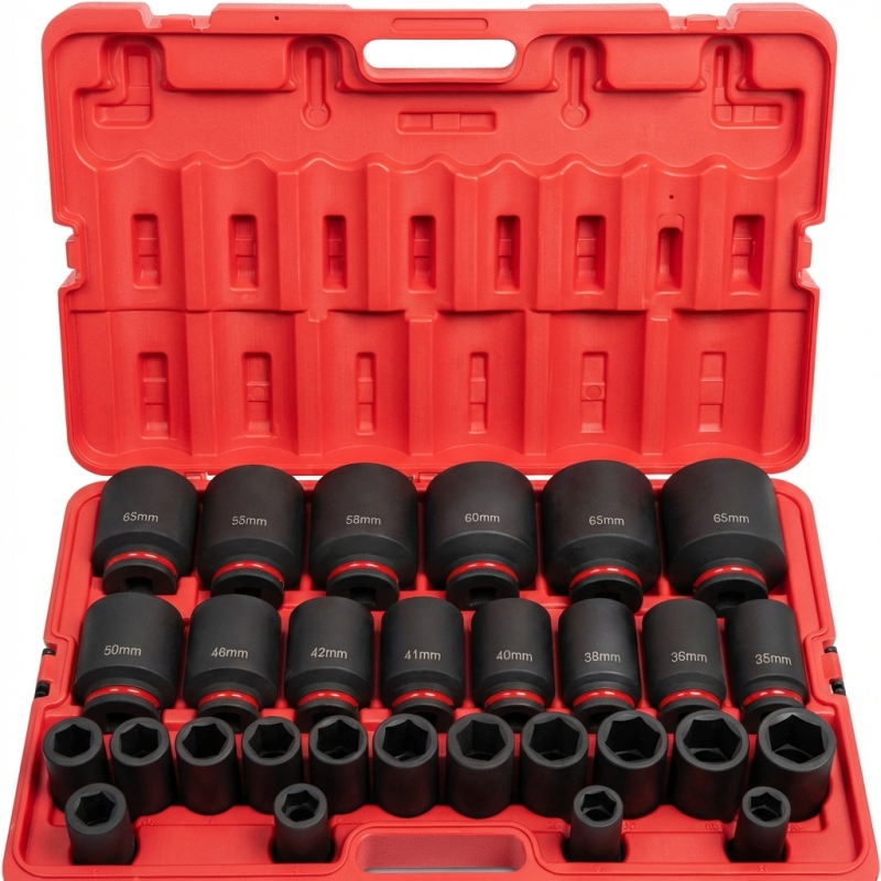 Professional 29-piece 3/4" drive metric deep impact socket set made from CR-MO steel, covering 19–65mm for heavy-duty automotive and industrial applications.