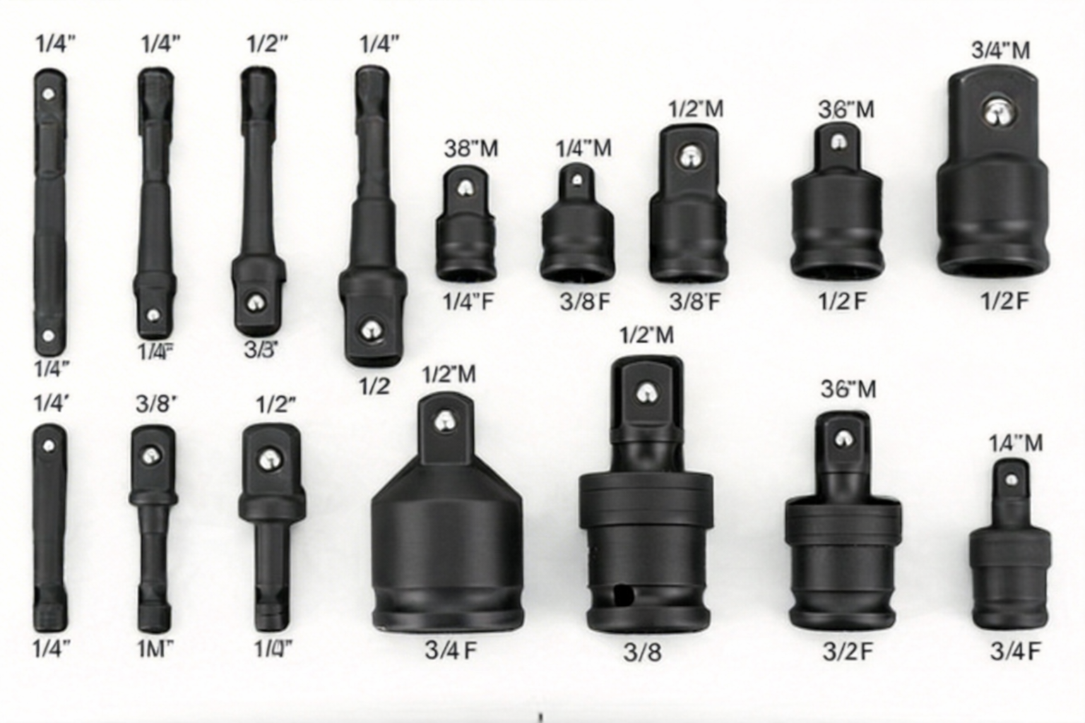 17pcs Power Socket Adapter Set for Impact Wrench (1/4'', 3/8'', 1/2'', 34)