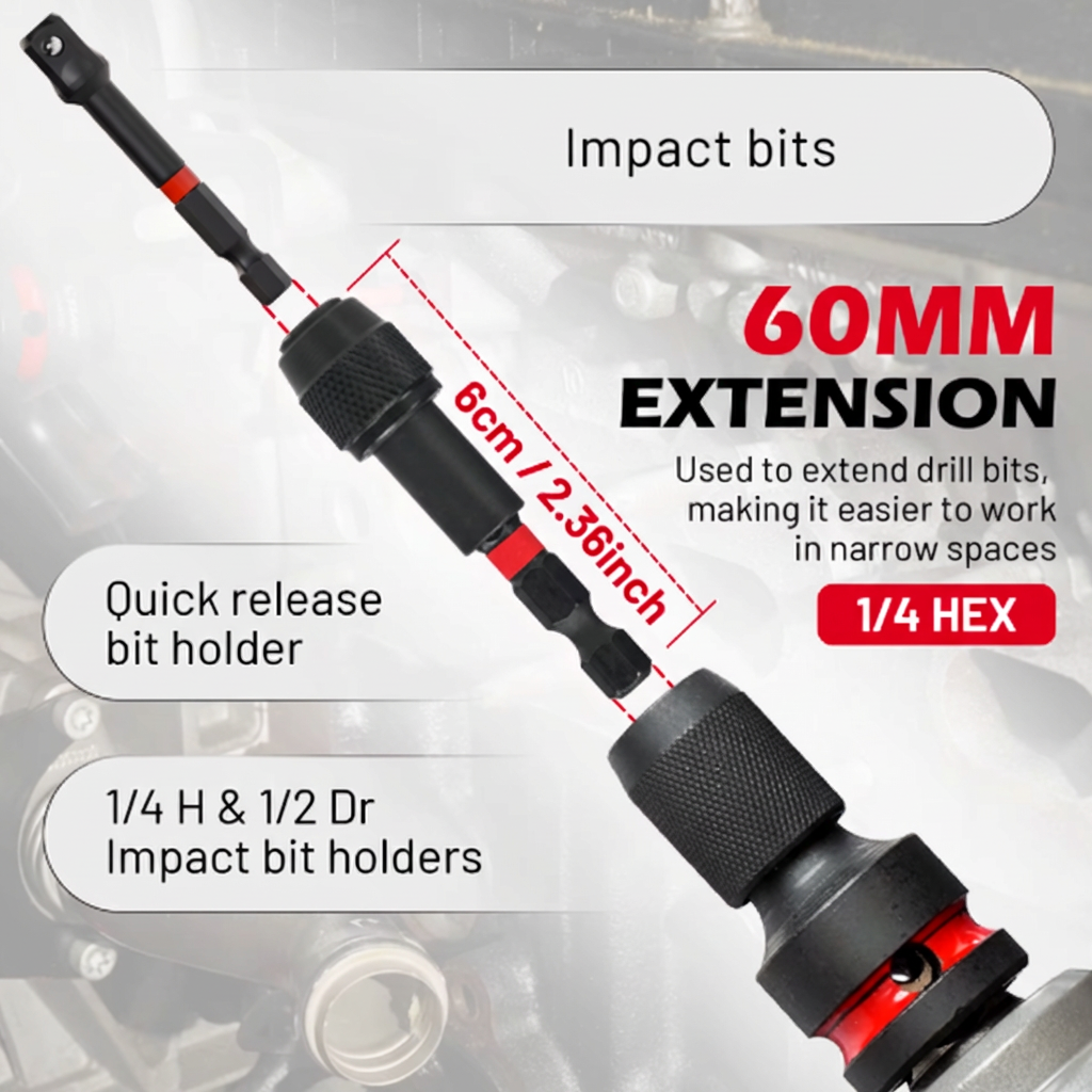 4-Piece Impact Socket to 14″ Hex Adapter Set – CR-MO Quick-Release Impact Drive Adapter Kit