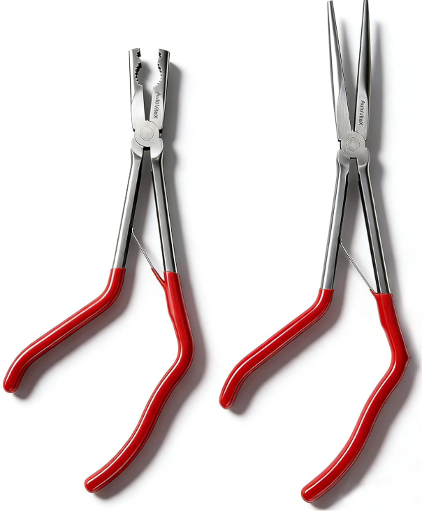 2-Piece Long Reach Pistol Grip Pliers Set (10 & 11) – Heavy Duty Long Nose & Hose Clamp Pliers for Automotive, Appliance Repair & Tight Spaces