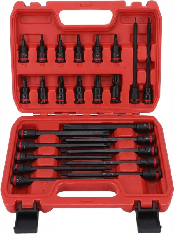 24PCS 3/8" Torx Bit Socket Set CR-V & S2 with Red Ring | Professional Automotive Tool Supplier China