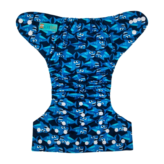 ALVABABY One Size Print Pocket Cloth Diaper -Blue Sharks(H-YK47A)