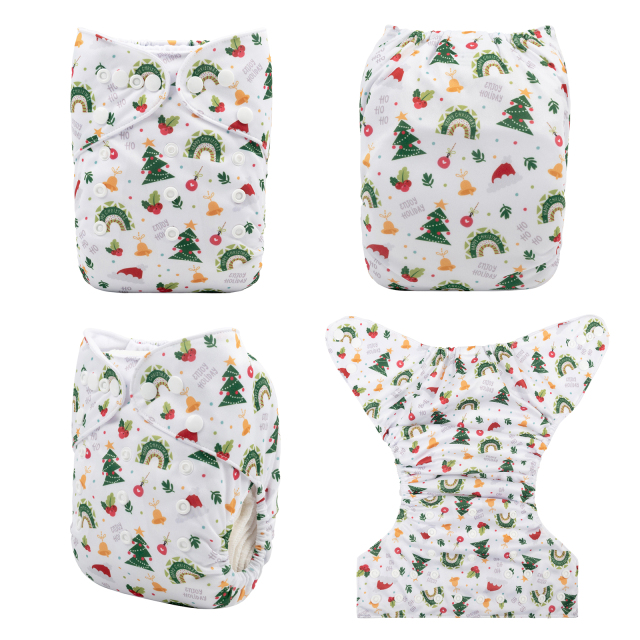 ALVABABY Christmas One Size Positioning Printed Cloth Diaper -Christmas tree and Christmas hat (QD50A)