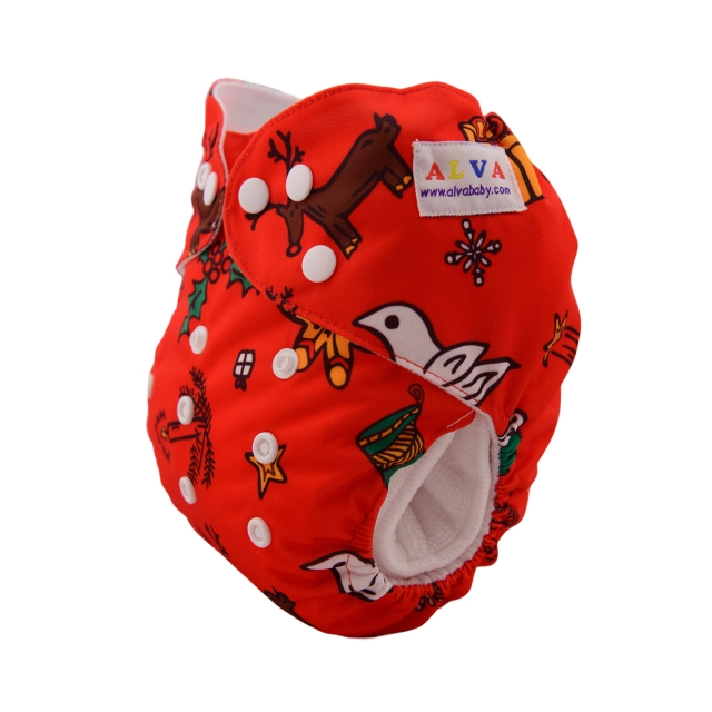 ALVABABY Christmas One Size Print Pocket Cloth Diaper -Elk, dove and snowflake (Q28A)