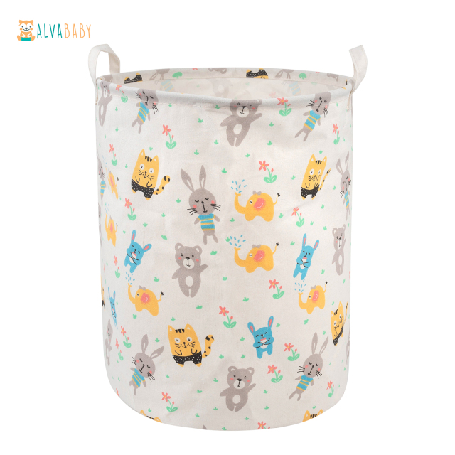 ALVABABY Collapsible Storage basket with Durable Handle, Round Cotton Linen Waterproof Storage Bin (SN-Y07)