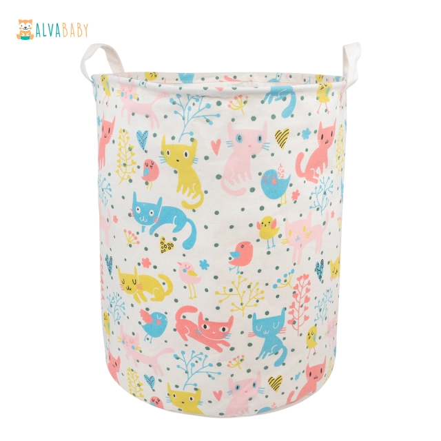 ALVABABY Collapsible Storage basket with Durable Handle, Round Cotton Linen Waterproof Storage Bin (SN-Y06)