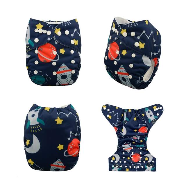 ALVABABY One Size Positioning Printed Cloth Diaper -Rocket and moon(YD30A)