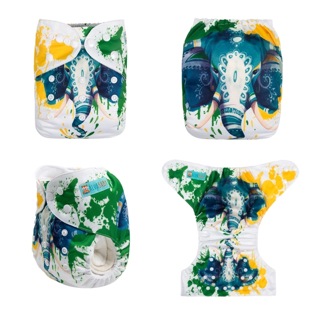 ALVABABY One Size Positioning Printed Cloth Diaper -Elephant (YD181A)