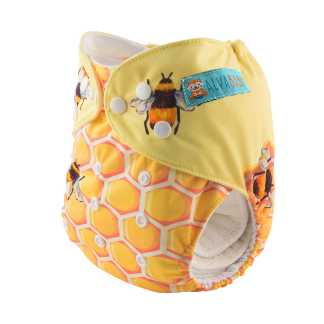 ALVABABY One Size Positioning Printed Cloth Diaper -Honey jar and bees (YD176A)