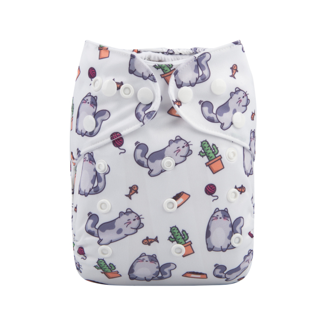 ALVABABY One Size Positioning Printed Cloth Diaper -Cat (YDP10A)