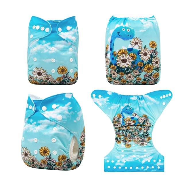 ALVABABY One Size Positioning Printed Cloth Diaper -Dinosaurs and sunflower (YDP26A)